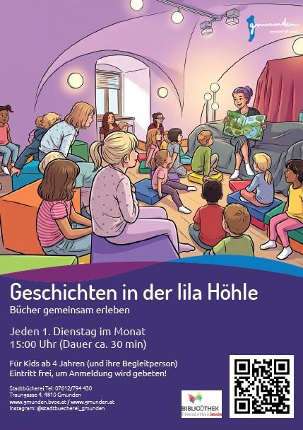 Grafik, Kinder sitzen in einem lila Raum und hören beim Vorlesen zu