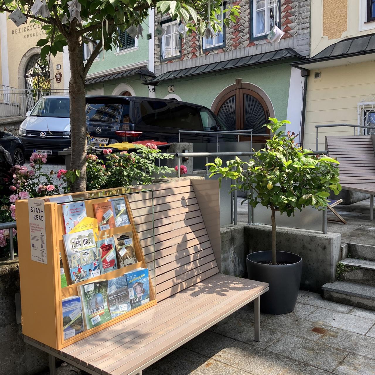 Foto einer Bank mit Büchervitrine