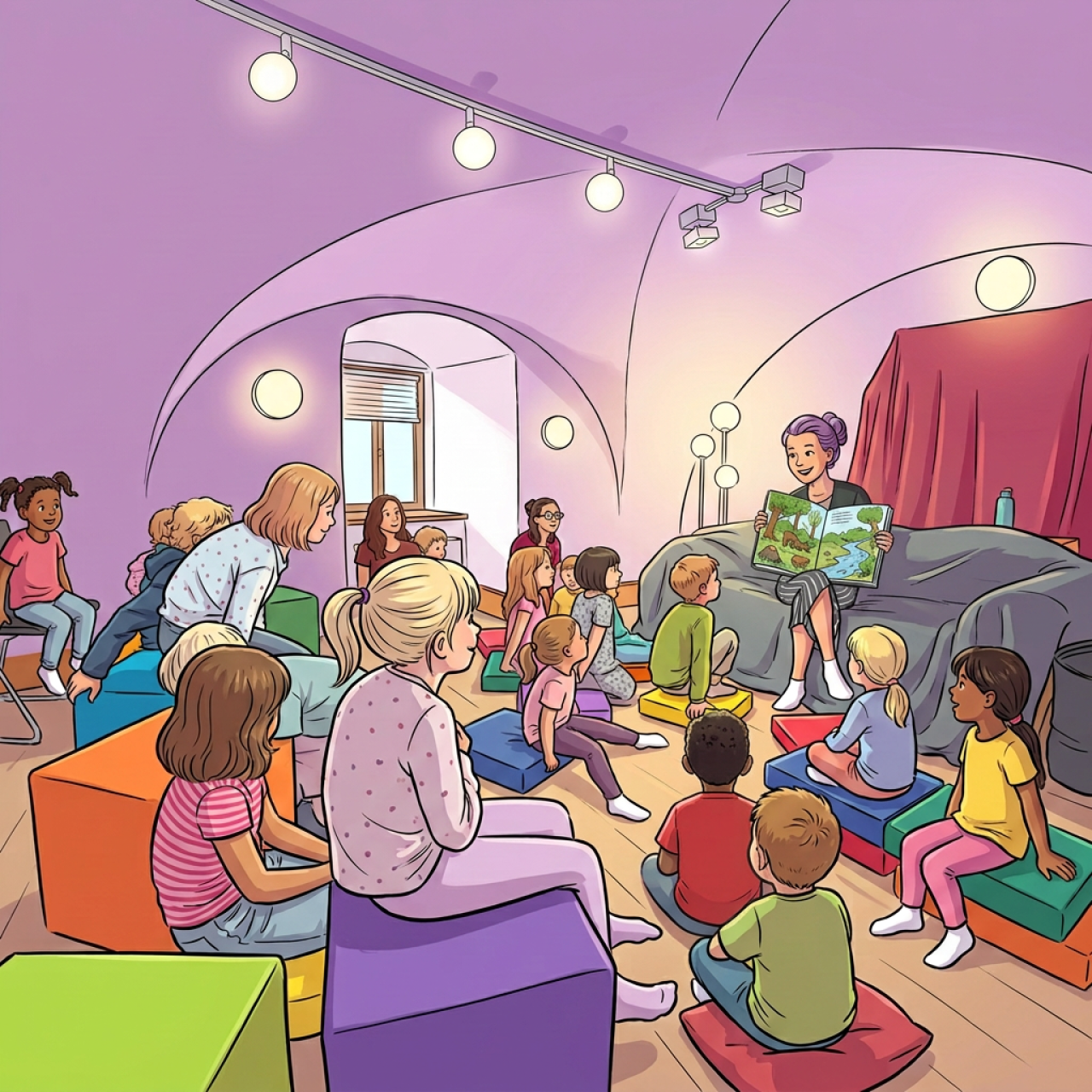 Grafik, Kinder sitzen in einem lila Raum und hören beim Vorlesen zu