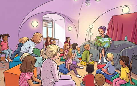 Grafik, Kinder sitzen in einem lila Raum und hören beim Vorlesen zu